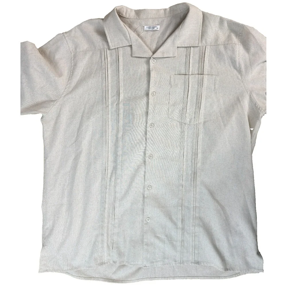 NEW COOFANDY Men's XXL Guayabera Shirt‎ Tan Linen Blend Short Sleeve Cuban Beach